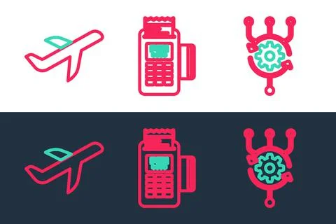 Set line Algorithm, Plane and POS terminal icon. Vector Illustrazione stock