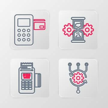 Set line Algorithm, POS terminal, Hourglass and gear and Pos icon. Vector イラスト素材