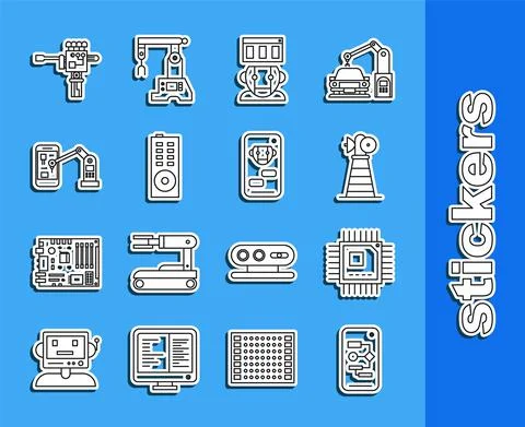 Set line Algorithm, Processor with microcircuits CPU, Antenna, Robot, Remote Stock Illustration