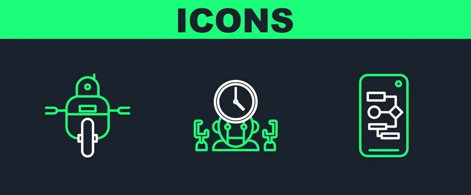 Set line Algorithm, Robot and and digital time manager icon. Vector Stockillustratie