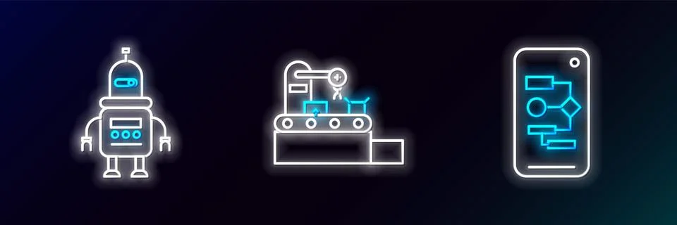 Set line Algorithm, Robot and Factory conveyor system belt icon. Glowing ne.. 库存插图