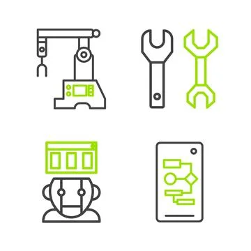 Set line Algorithm, Robot, Spanner and Assembly line icon. Vector Stock Illustration
