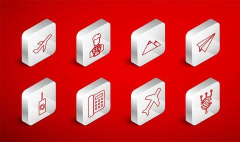 Set line Algorithm, Scientist and test tube, Mountains, Paper plane, Plane Illustrazione stock