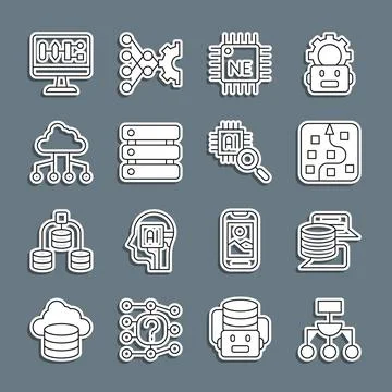 Set line Algorithm, Server, Data, Neural network, Processor CPU, Network cl.. Stock Illustration