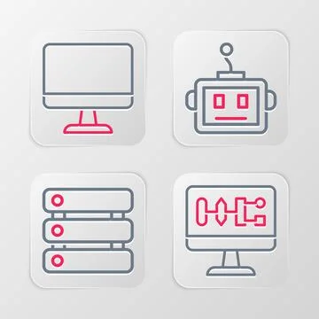Set line Algorithm, Server, Data, Artificial intelligence robot and Compute.. Illustrazione stock