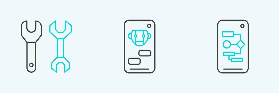 Set line Algorithm, Spanner and Bot icon. Vector 스톡 일러스트