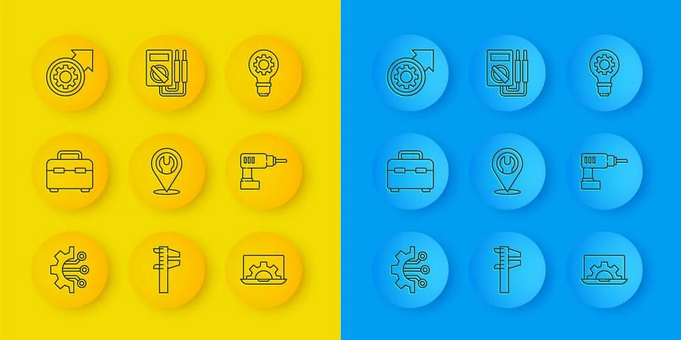 Set line Algorithm, Toolbox, Location with wrench spanner, Laptop and gear,.. Stock Illustration