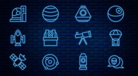 Set line Alien, Box flying on parachute, Space capsule, Astronomical observatory Stockillustratie