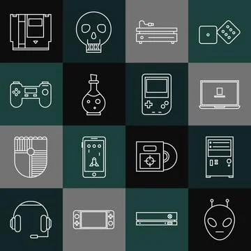 Set line Alien, Computer, Laptop, Video game console, Bottle with magic elixir Stock Illustration