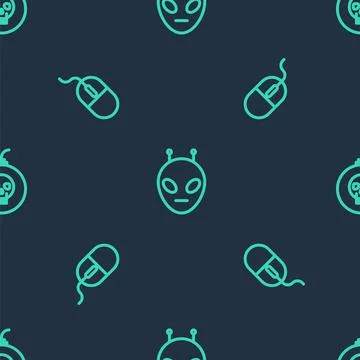 Set line Alien, Computer mouse and Bomb ready to explode on seamless pattern Stock Illustration