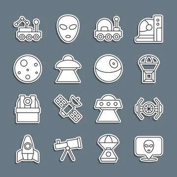 Set line Alien, Cosmic ship, Box flying on parachute, Mars rover, UFO spaceship Illustrazione stock