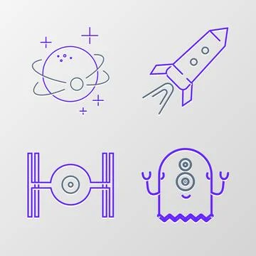 Set line Alien, Cosmic ship, Rocket with fire and Planet icon. Vector Stock Illustration