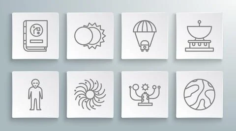 Set line Alien, Eclipse of the sun, Black hole, Solar system, Falling stars Stock Illustration