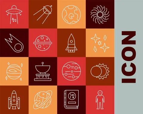 Set line Alien, Eclipse of the sun, Planet, Earth globe, Venus, Comet falling 스톡 일러스트