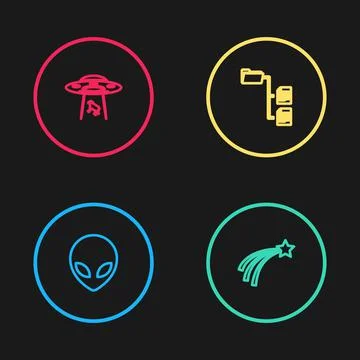 Set line Alien, Falling star, Folder tree and UFO abducts cow icon. Vector Stock Illustration