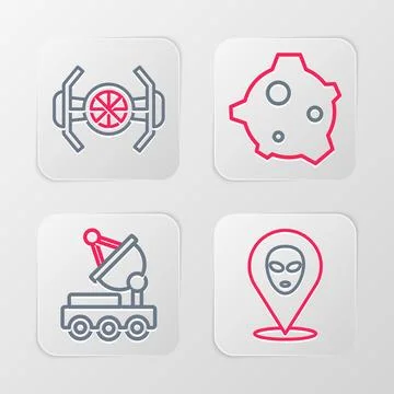 Set line Alien, Mars rover, Asteroid and Cosmic ship icon. Vector Stock Illustration