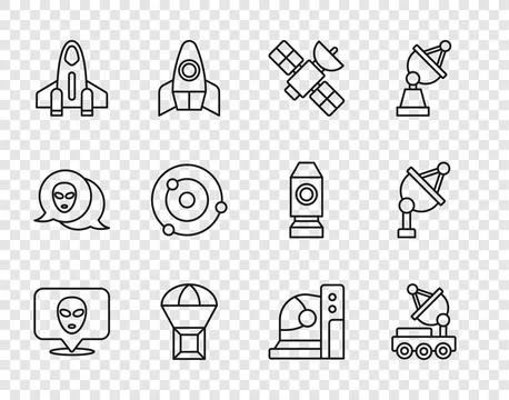 Set line Alien, Mars rover, Satellite, Box flying on parachute, Rocket ship.. Stock Illustration