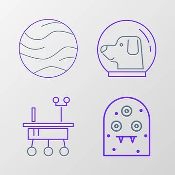 Set line Alien, Mars rover, Dog in astronaut helmet and Planet icon. Vector Stock Illustration