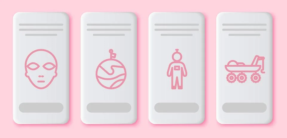 Set line Alien, Moon with flag, Astronaut and Mars rover. White rectangle button 스톡 일러스트