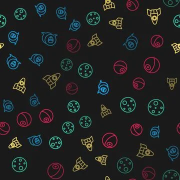 Set line Alien, Planet Mars, Rocket ship and  on seamless pattern. Vector 스톡 일러스트