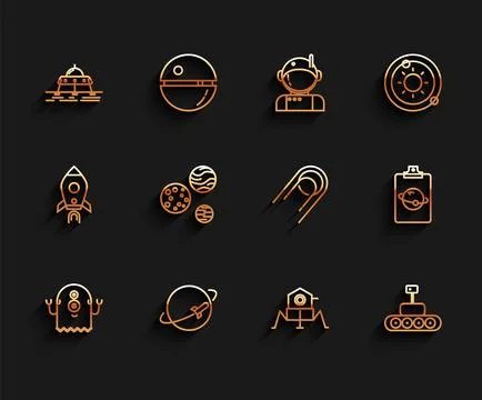 Set line Alien, Planet, Mars rover,  and Satellite icon. Vector Stock Illustration