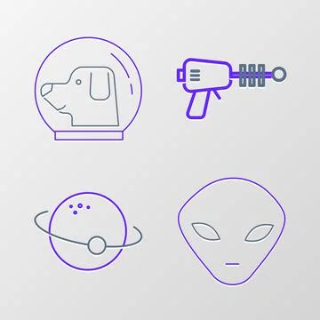 Set line Alien, Planet, Ray gun and Dog in astronaut helmet icon. Vector Stock Illustration