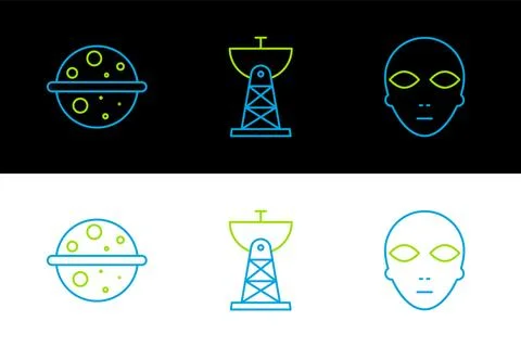 Set line Alien, Planet Venus and Satellite dish icon. Vector Stock Illustration