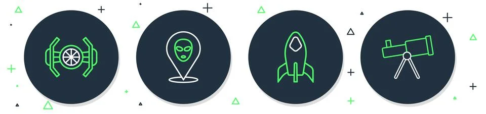 Set line Alien, Rocket ship, Cosmic and Telescope icon. Vector Illustrazione stock
