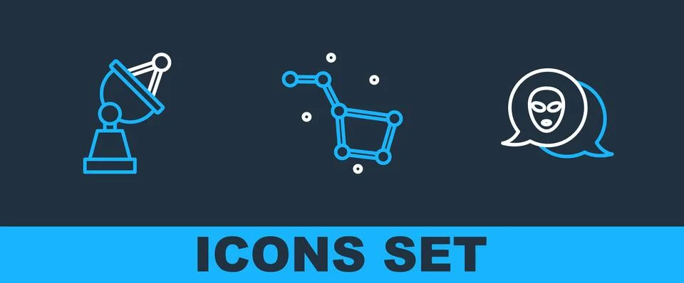 Set line Alien, Satellite dish and Great Bear constellation icon. Vector Stock Illustration