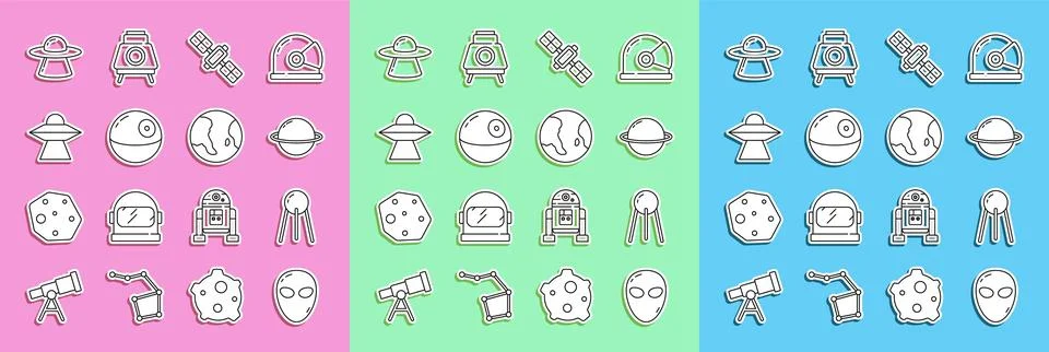 Set line Alien, Satellite, Planet Saturn, Death star, UFO flying spaceship, and Stock Illustration