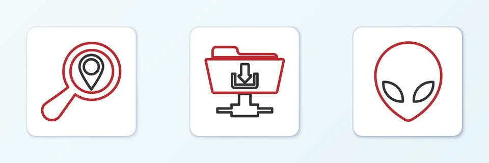 Set line Alien, Search location and FTP folder download icon. Vector Stock Illustration