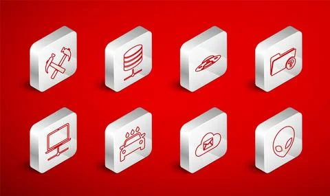 Set line Alien, Server, Data, Web Hosting, UFO flying spaceship, Unknown Stock Illustration