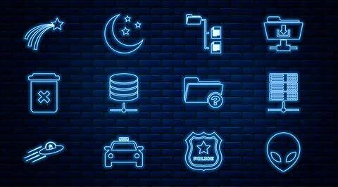 Set line Alien, Server, Data, Web Hosting, Folder tree, Trash can, Falling .. Stock Illustration