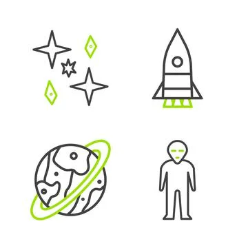 Set line Alien, Space capsule and parachute, Rocket ship and Planet icon. Vec Illustrazione stock