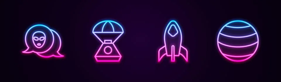 Set line Alien, Space capsule, Rocket ship and Planet. Glowing neon icon. V.. Stock Illustration