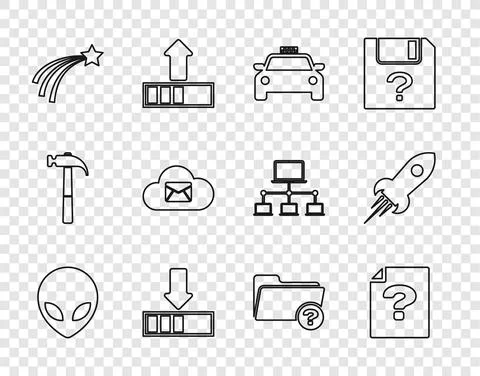 Set line Alien, Unknown document, Taxi car, Loading, Falling star, Cloud mail Stock Illustration