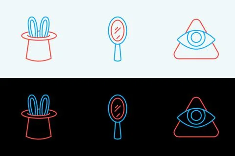 Set line All-seeing eye of God, Magician hat and rabbit ears and hand mirro.. Stock Illustration