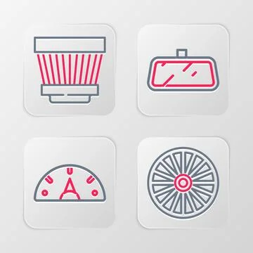 Set line Alloy wheel, Speedometer, Car mirror and air filter icon. Vector Stock Illustration