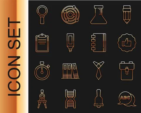 Set line Alphabet, School backpack, Hand thumb up, Test tube flask, Marker pen 库存插图