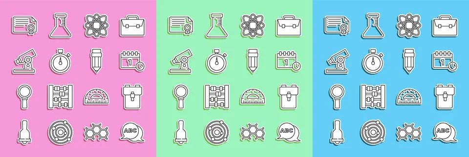 Set line Alphabet, School backpack, Calendar first september date, Atom, St.. Stock Illustration