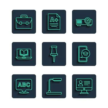 Set line Alphabet, Table lamp, Online class, Movie, film, media projector, Push Stock Illustration