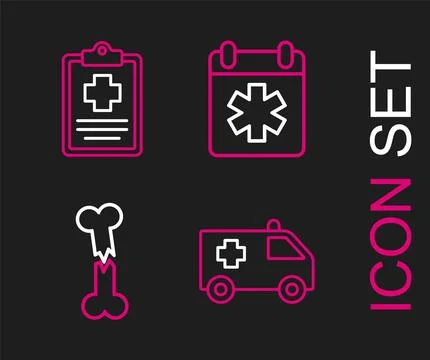 Set line Ambulance car, Human broken bone, Doctor appointment and Patient r.. Stock Illustration