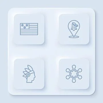 Set line American flag, Eagle, Native Indian and Hexagram sheriff. White square Stock Illustration