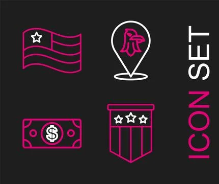 Set line American flag, Stacks paper money cash, Eagle and icon. Vector 스톡 일러스트