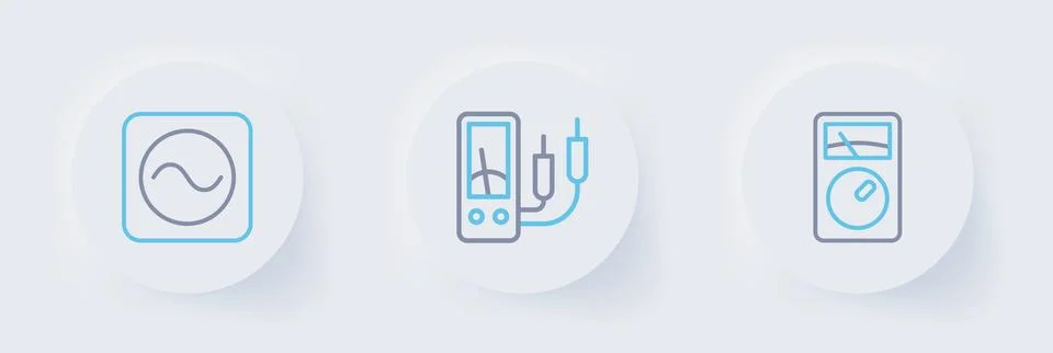 Set line Ampere meter, multimeter,  and AC voltage source icon. Vector Stock Illustration