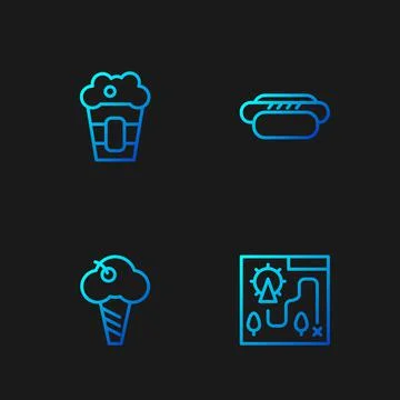 Set line Amusement park map, Ice cream in waffle cone, Popcorn box and Hotdog Ilustración de archivo