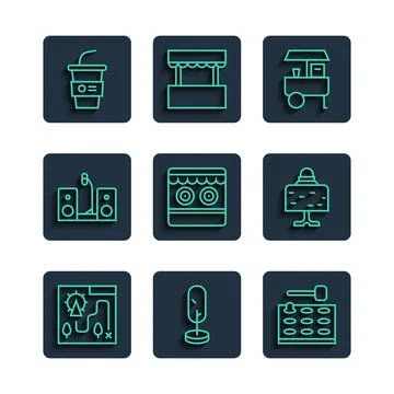 Set line Amusement park map, Tree, Arcade game machine, Fast street food cart Ilustração Stock