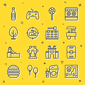 Set line Amusement park map, Hockey table, Fast street food cart, Lollipop, Hunt Ilustração Stock