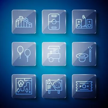 Set line Amusement park map, billboard, Ticket, Home stereo with two speakers Ilustración de archivo