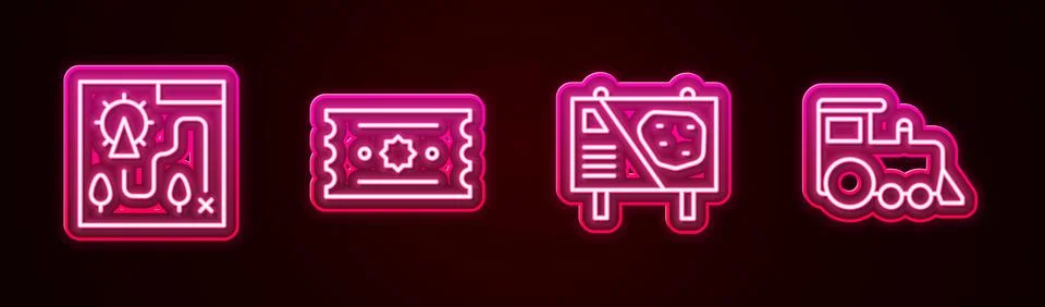 Set line Amusement park map, Ticket, billboard and Toy train. Glowing neon .. Stock-Illustration
